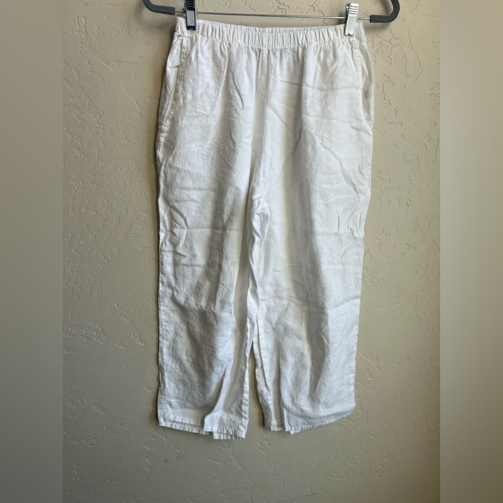 Flax white 100% linen crop pants sz 4/6 Beach coastal resortwear summer pockets - Picture 2 of 7